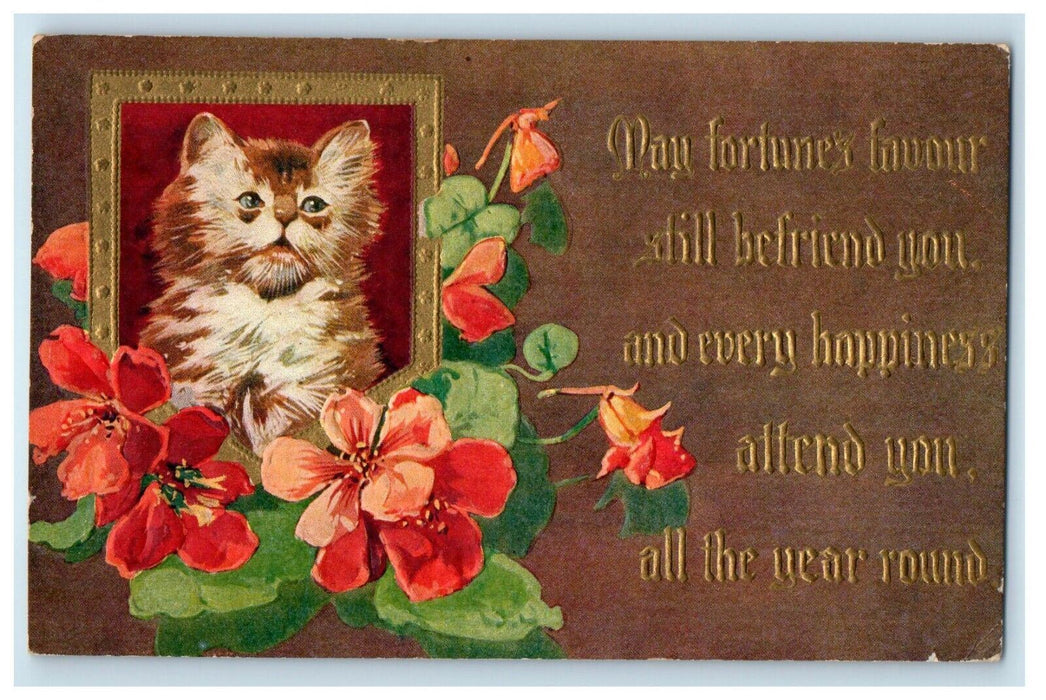 c1910's Cute Cat Red Flowers Winsch Back Embossed Posted Antique Postcard