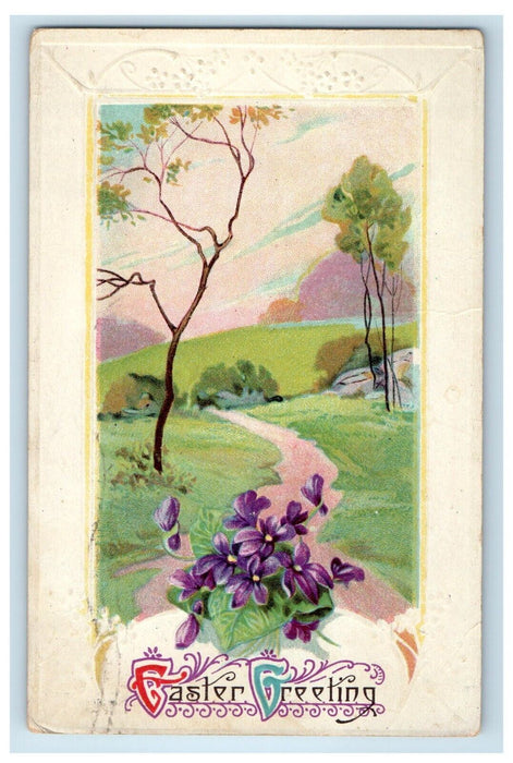 c1910's Easter Greetings Flowers Trees View Embossed Posted Antique Postcard