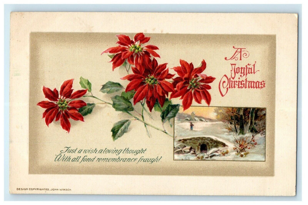 1920 A Joyful Christmas John Winsch Poinsettia Snow Scene Embossed Postcard