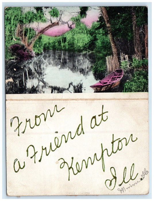 1908 Boat Scene, From A Friend in Kempton Illinois IL Bi-Fold Postcard