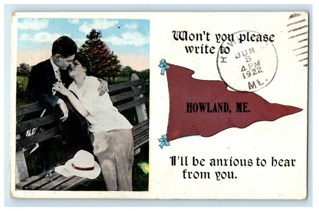 1922 Won't You Please Write To Pennant Howland Maine ME Couple Postcard