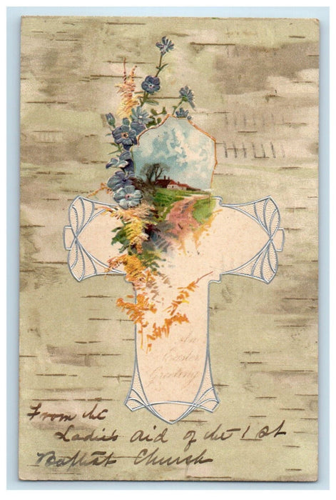1907 Easter Cross Pansies Flowers House Embossed Atlantic City NJ Postcard