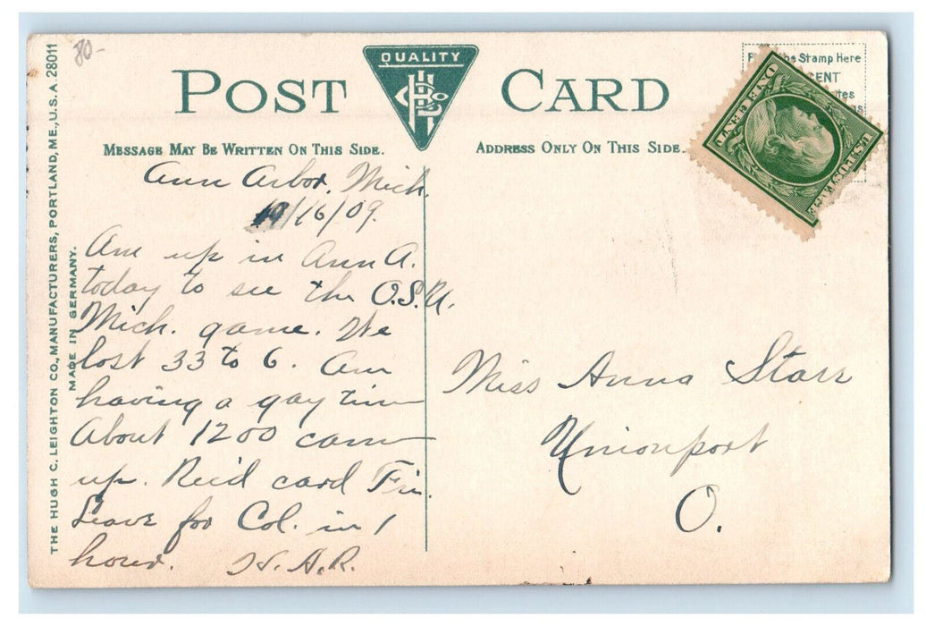 1909 Ferry Field Ann Arbor Michigan MI Posted Antique Hugh C Leighton Postcard