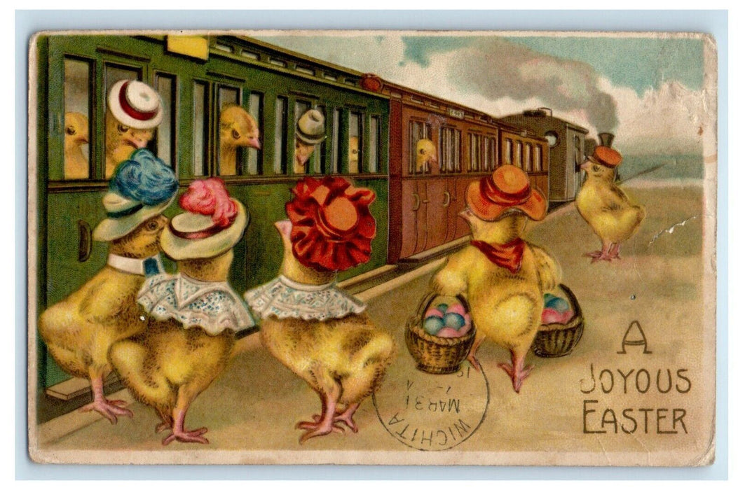 1908 Easter Eggs Basket Anthropomorphic Chicks Ride Train Embossed Postcard