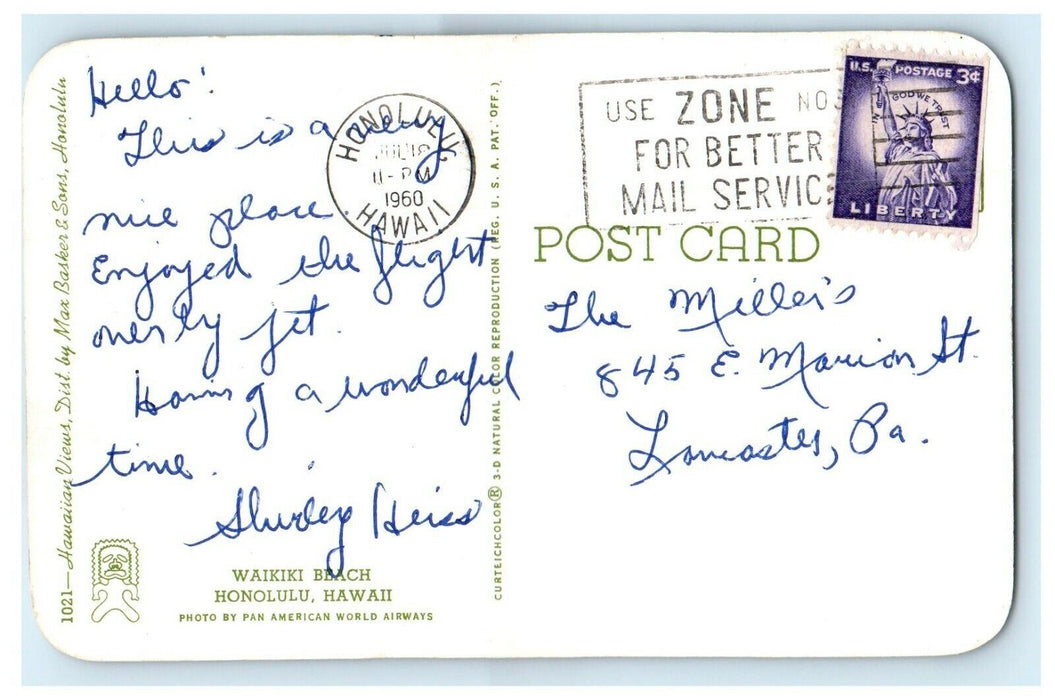 1960 Waikiki Beach, Honolulu Hawaii HI, Use Zone Cancelled Vintage Postcard