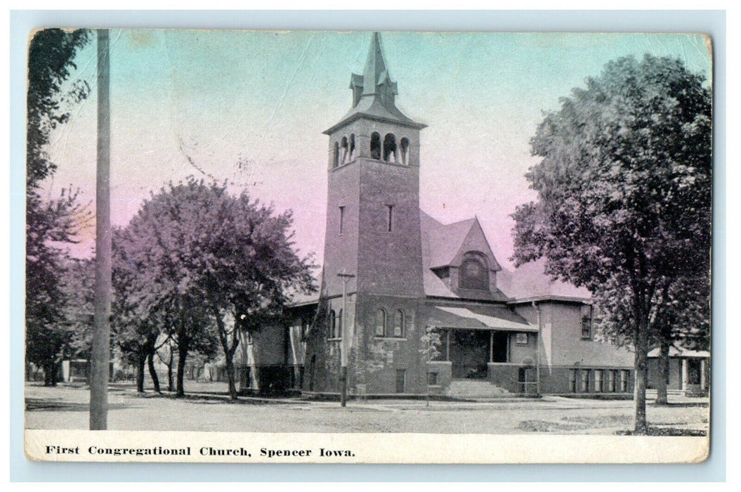 1911 First Congregational Church, Spencer Iowa IA RPO Antique Postcard
