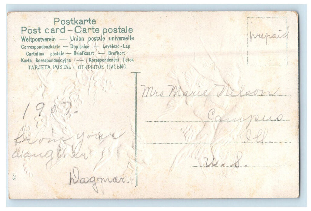 c1910 Doves and Flowers, Greetings from Campus Illinois IL Glitters Postcard