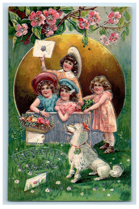 1909 Friendship Offering Four Girls Childrens Dog Envelop Flowers Postcard