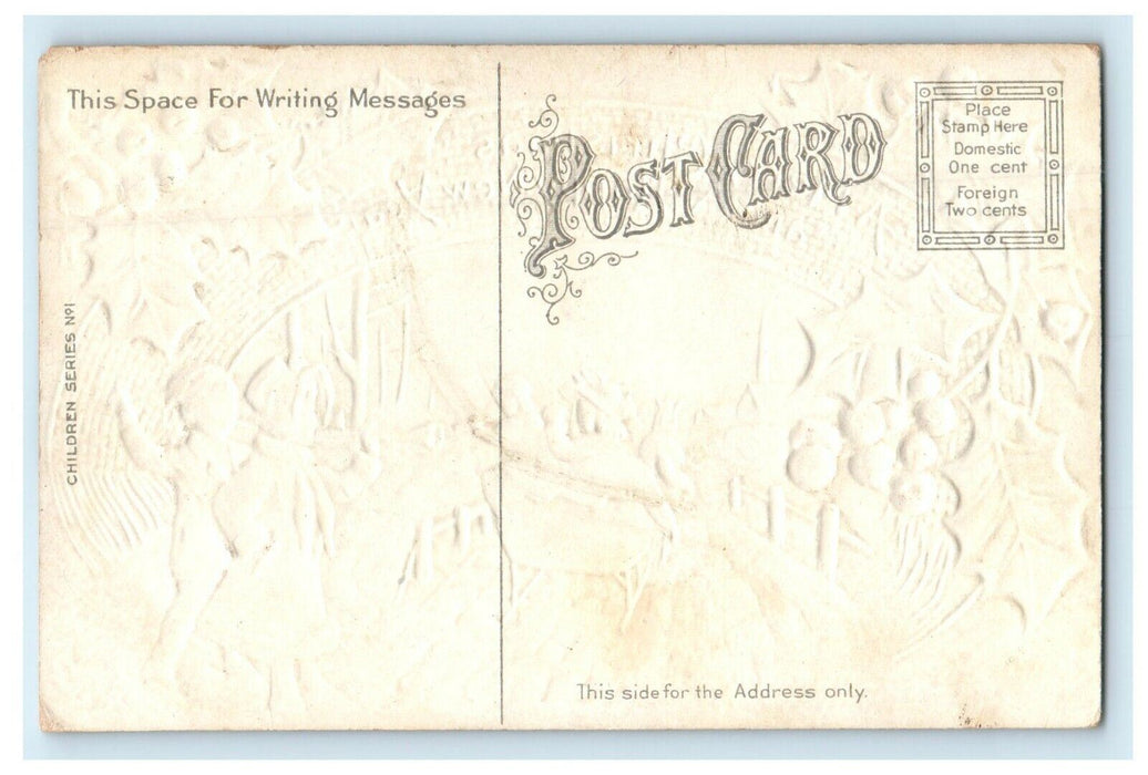 Christmas Children Sleigh Ride Horse Blow Horns Throw Snowball Embossed Postcard