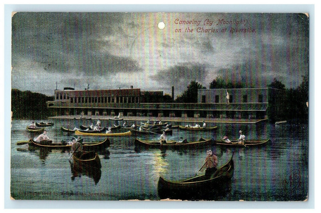 1906 Canoeing By Moonlight Charles At Riverside Groton Massachusetts MA Postcard