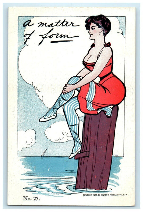 c1905 A matter Of Form Beautiful Girl Dress In Red Beach Swimsuit Humor Postcard