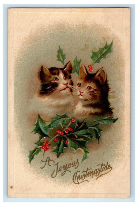 1911 Joyous Christmastide Cats Kittens Holly Berries Embossed Antique Postcard