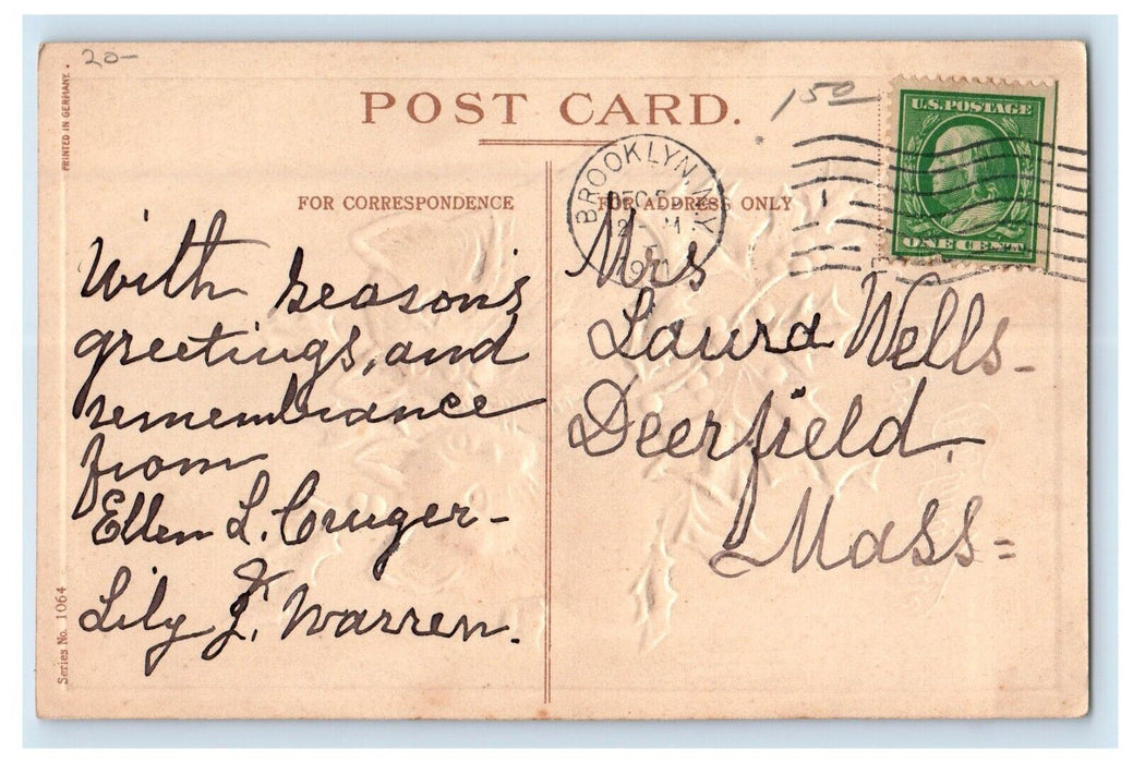 1911 Joyous Christmastide Cats Kittens Holly Berries Embossed Antique Postcard