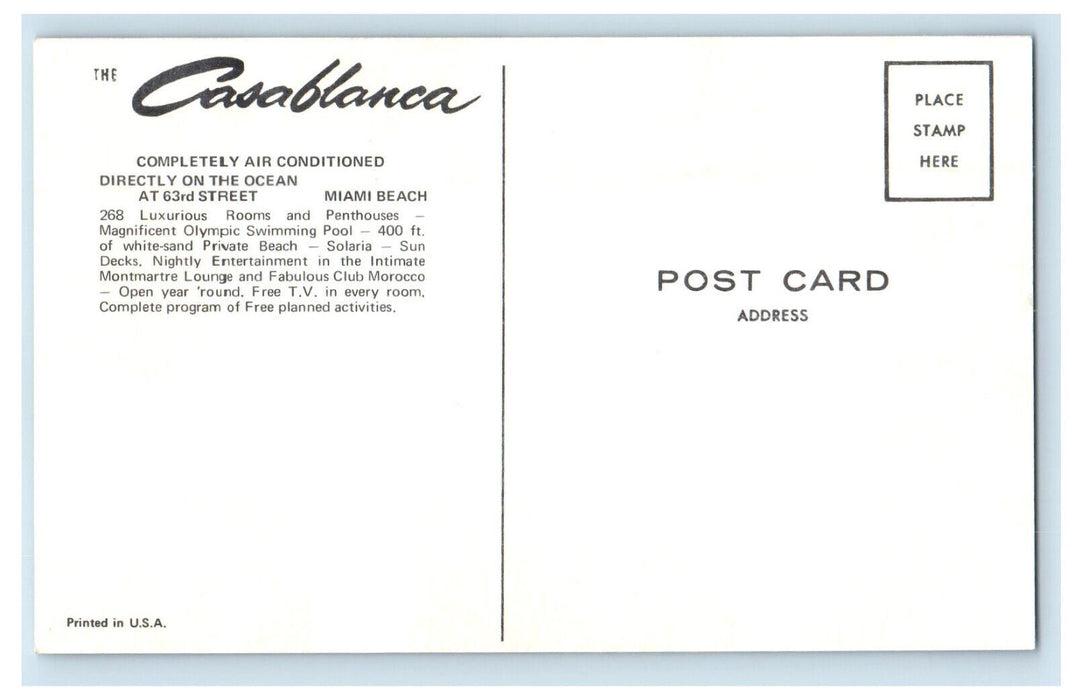 c1960s Casablanca 63th Street Miami Beach Florida FL Unposted Postcard