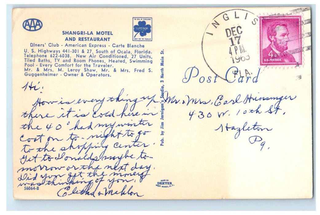 1963 Shangri-La Motel and Restaurant South of Ocala FL Inglis FL Postcard