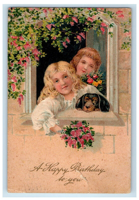 1909 Happy Birthday Girl Boy Dachshund Dog Window Flowers Embossed Postcard
