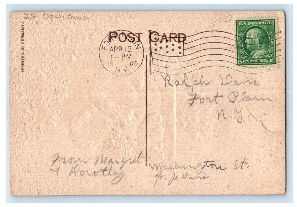 1909 Happy Birthday Girl Boy Dachshund Dog Window Flowers Embossed Postcard