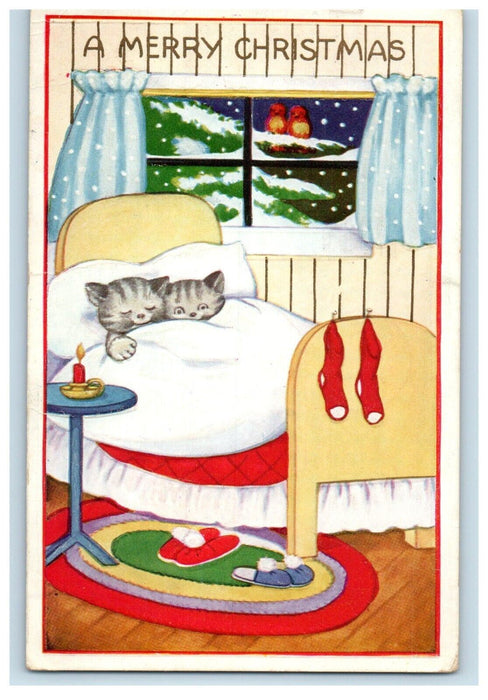 c1905 Merry Christmas Socks Cats Kittens Sleeping Bed Winter Snow Postcard