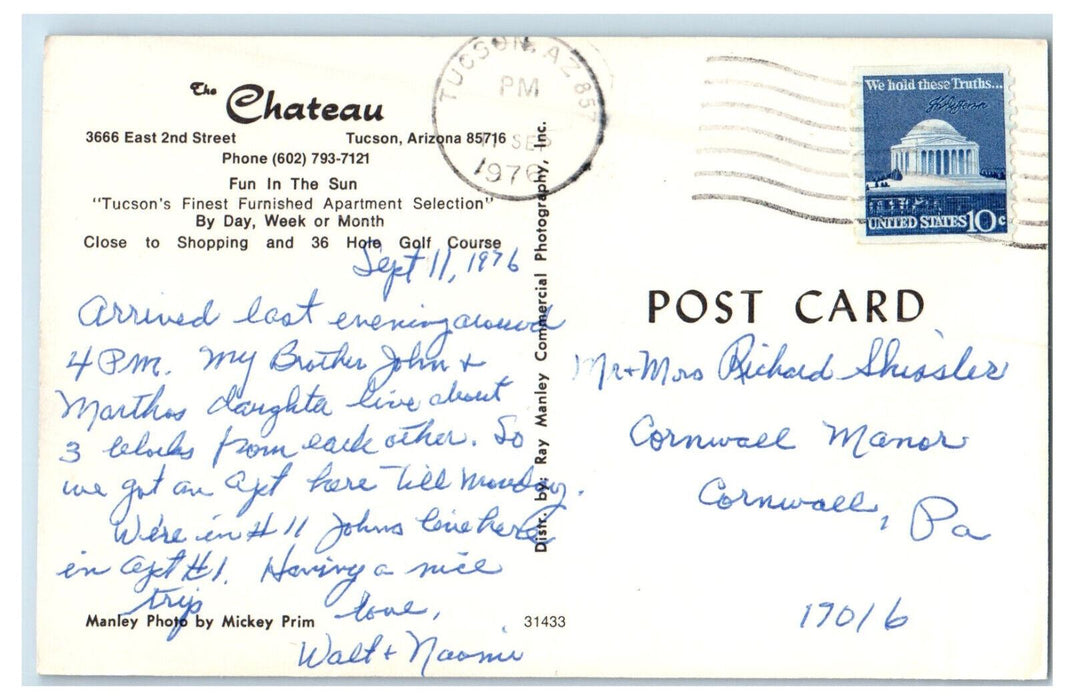 1976 The Chateau 2nd Street Tucson Arizona AZ Vintage Posted Postcard