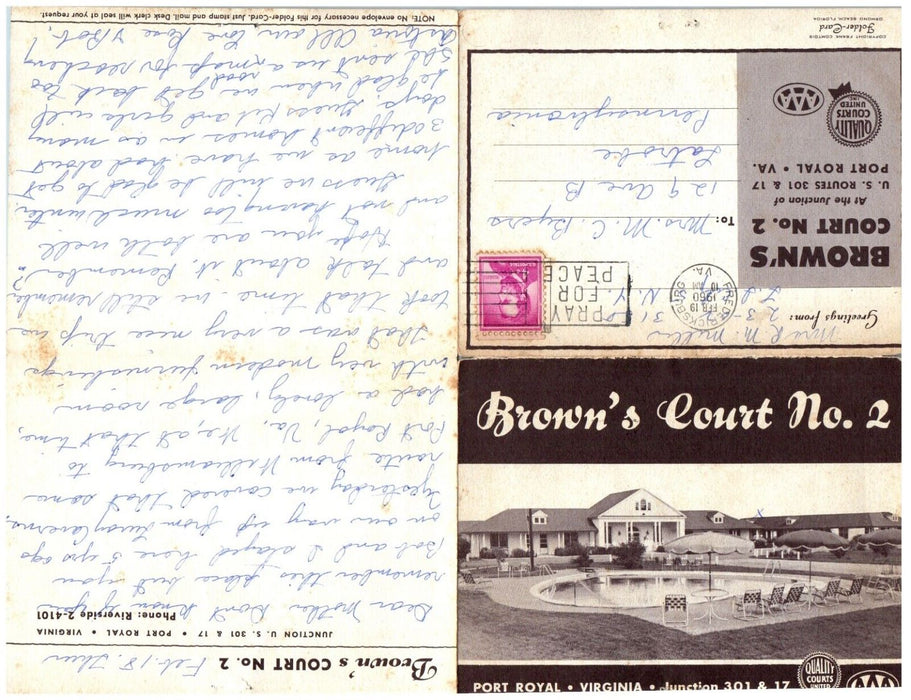 1960 Brown's Court No. 2 Hotel Motel Fold Out Port Royal Virginia VA Postcard