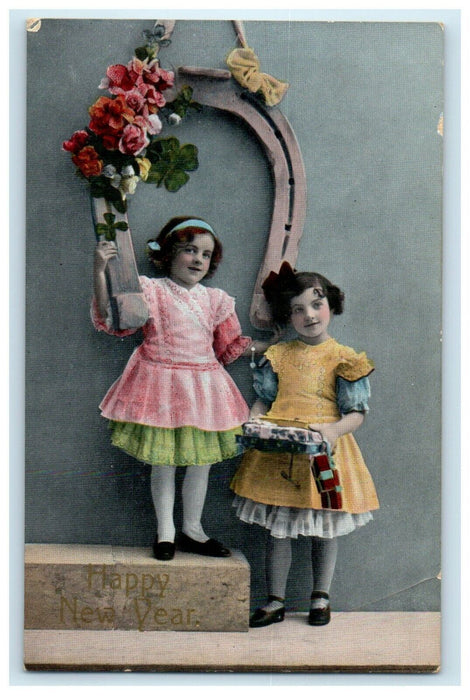 1914 New Year RPPC Girls Tinted Flowers Horseshoe Good Luck Antique Postcard