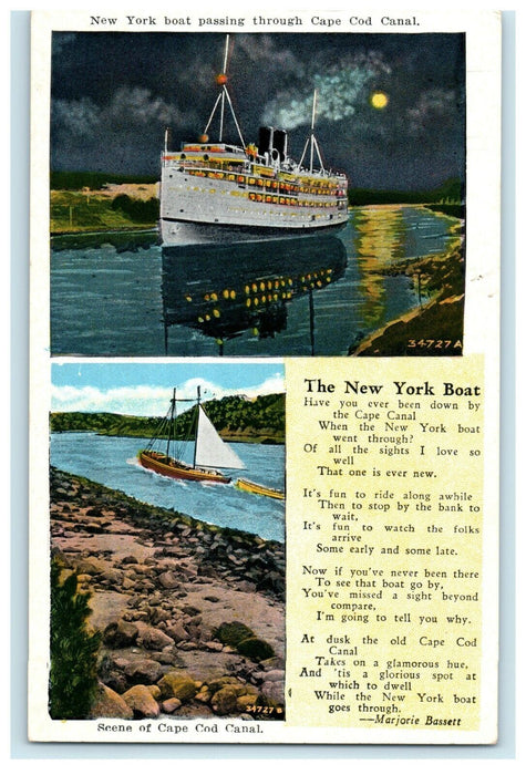 New York Boat Passing Scene Of Cape Cod Canal MA Marjorie Basset Poem Postcard