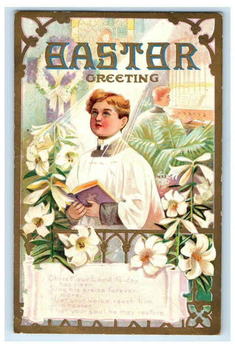 1910 Easter Greetings Priest With Book Lily White Flowers Embossed Postcard