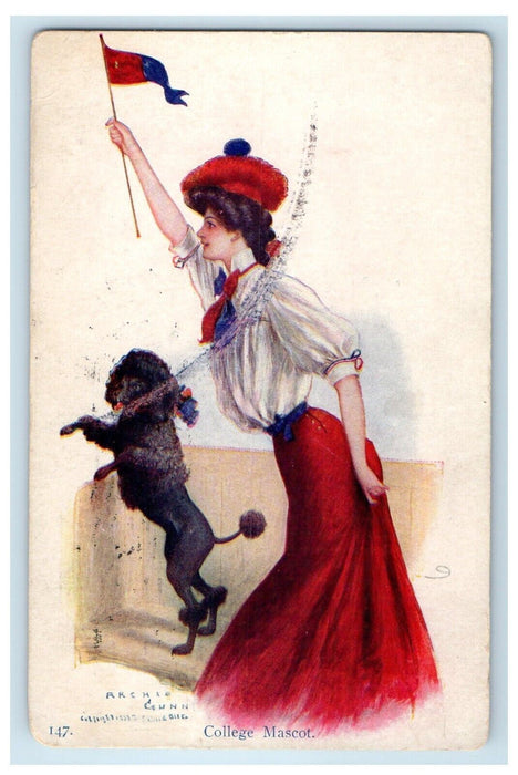 1906 Girl And Poodle Dog College Mascot Archie Gunn Posted Antique Postcard