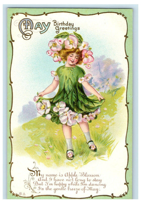 Birthday Greetings Girl In Dress Flowers Apple Blossom Embossed Postcard