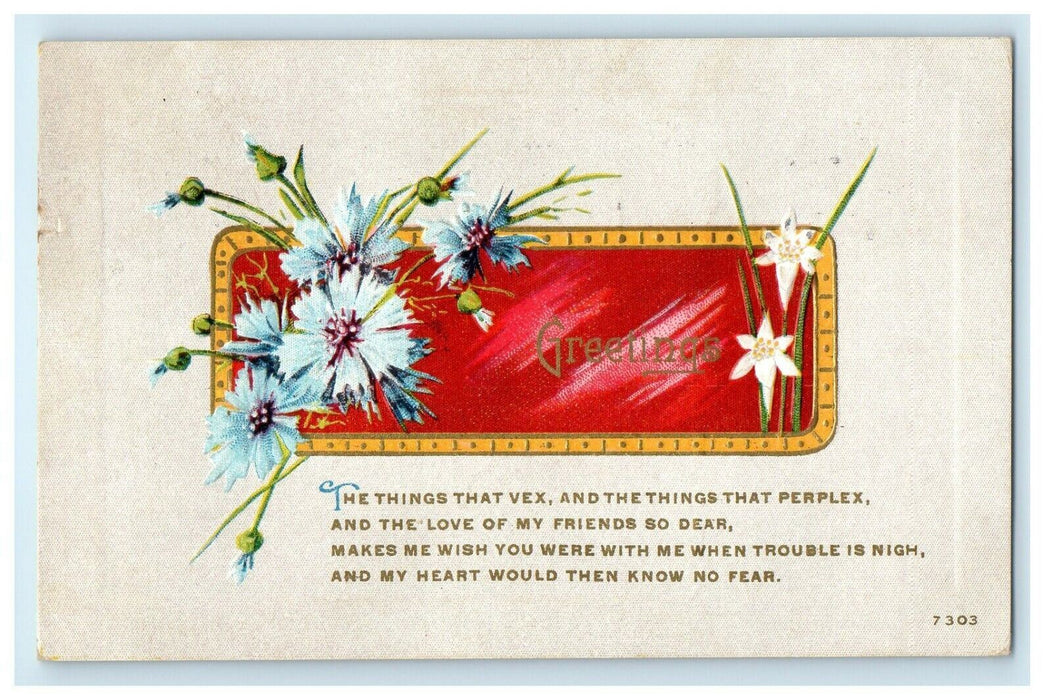 1911 Valentine Greetings Poem With Flowers Winsch Back Embossed Antique Postcard