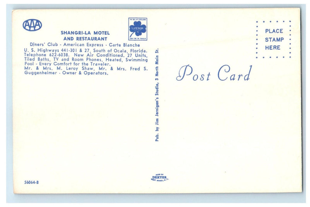 c1960s Shangri-La Motel and Restaurant South of Ocala FL Unposted Postcard