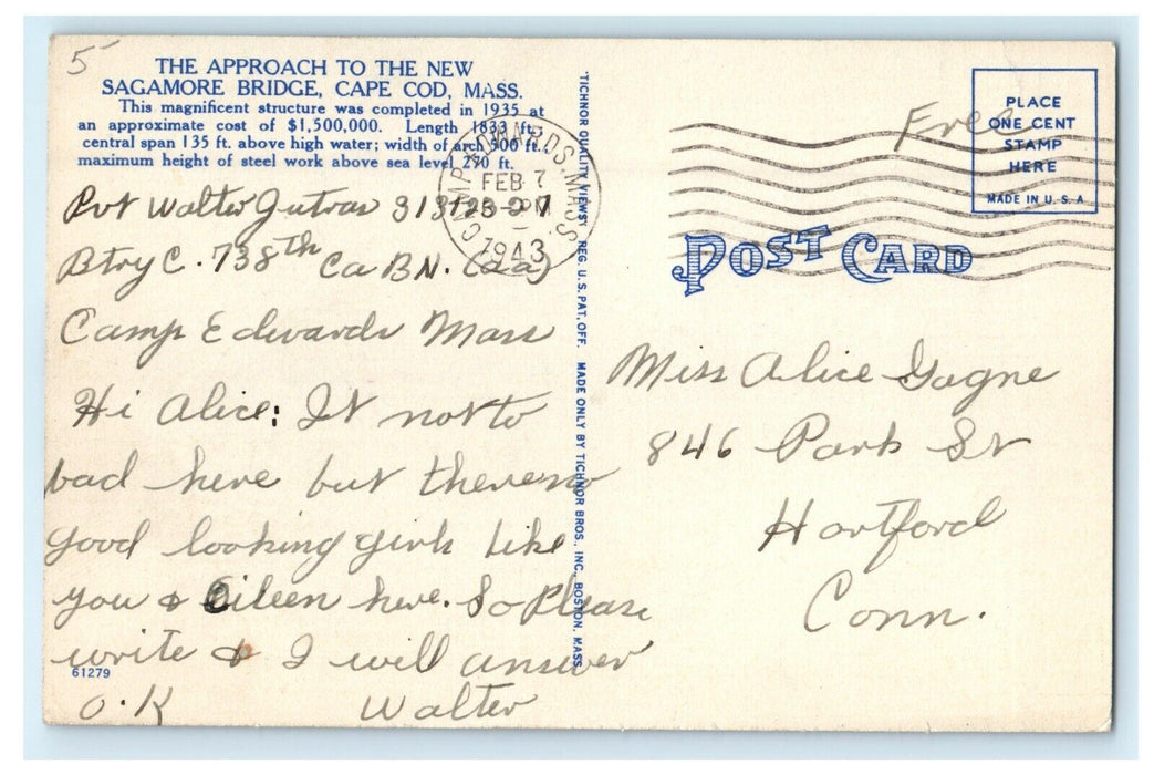 1943 The Approach To The New Sagamore Bridge Cape Cod Massachusetts MA Postcard