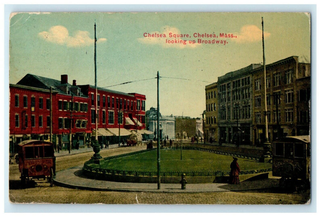 1910 Chelsea Massachusetts Square Looking Up Broadway MA Trolley Train Postcard
