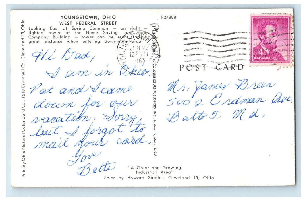 1963 West Federal Street Youngstown Ohio OH Vintage Posted Postcard