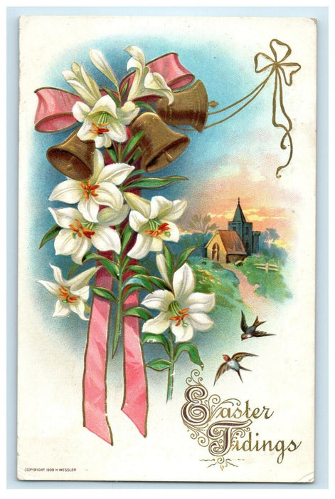 1912 Easter Lily Flowers Pink Ribbon Bell Birds Church Scene H Wessler Postcard