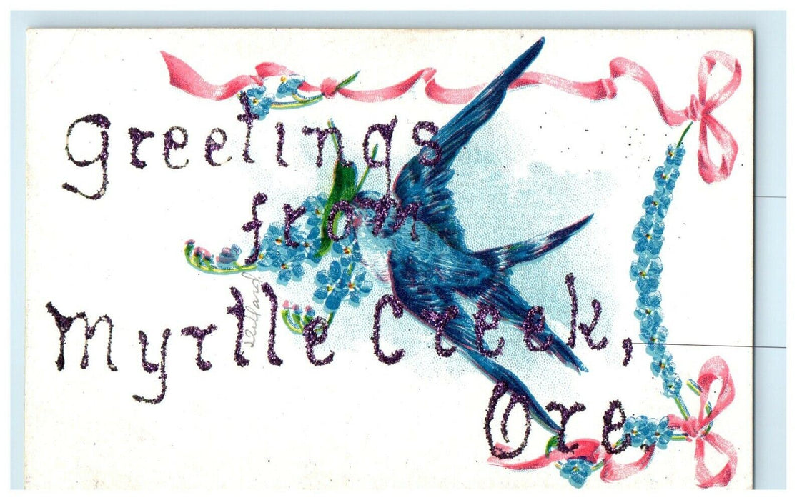 1914 Bird and Ribbon Printed Greetings from Myrtle Creek Oregon Postcard