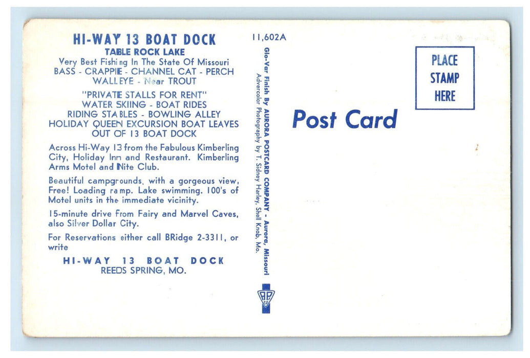 c1950s Hi-way 13 Boat Dock Table Rock Lake Reeds Spring Missouri MO Postcard