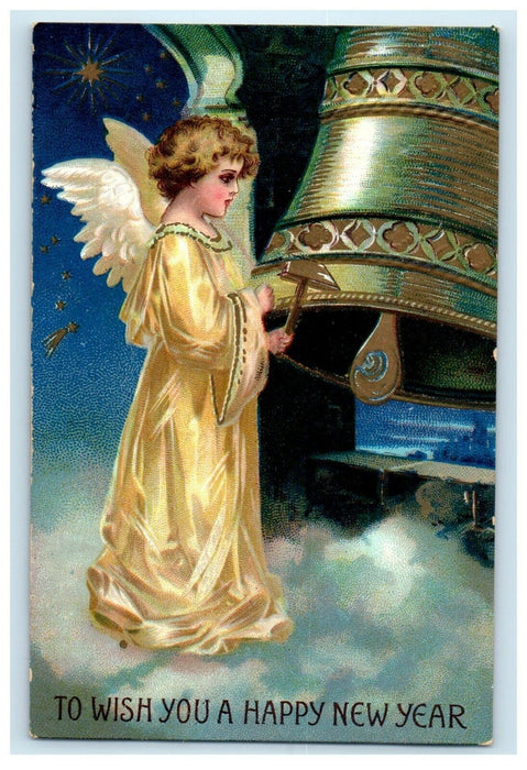 1908 New Year Angel Ringing The Bell Stars Embossed Antique Postcard