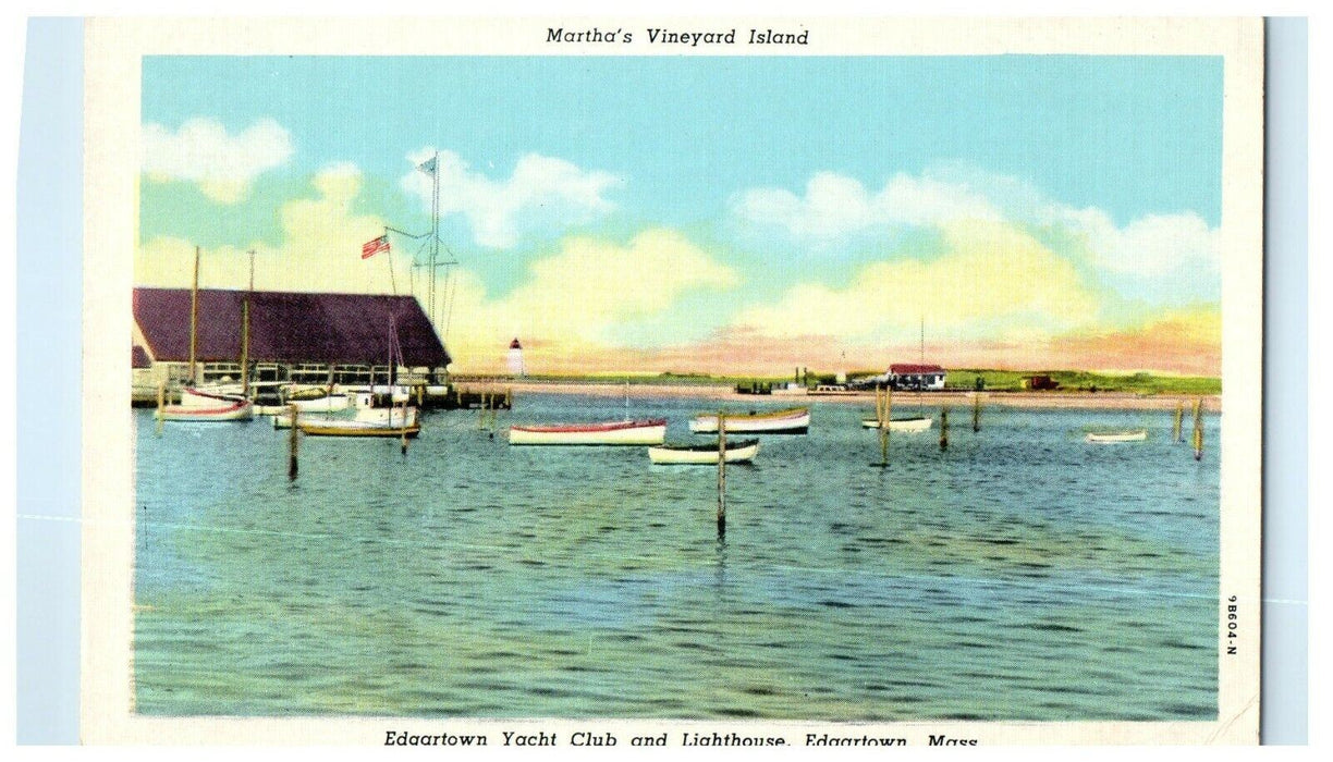 1939 Yacht Club and Lighthouse, Edgartown Massachusetts MA Vintage Postcard