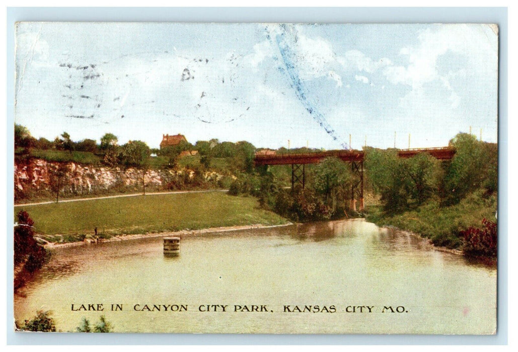 1908 Lake in Canyon City Park, Kansas City Missouri MO Cancelled Postcard