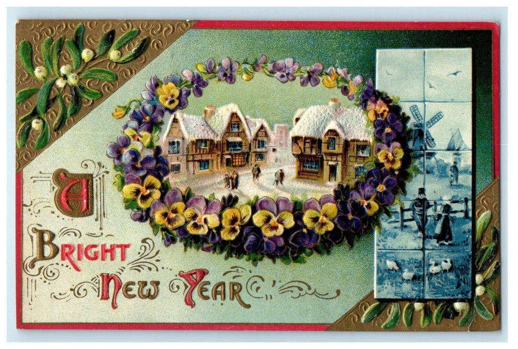 1913 New Year Purple Flowers Snow Winter Windmill Ducks Embossed Postcard