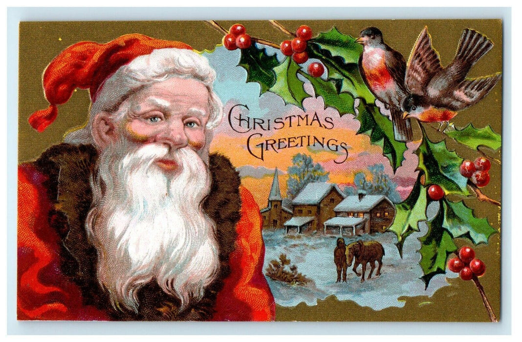 Christmas Greetings Holly Birds Santa Claus Snow Winter Scene Embossed Postcard