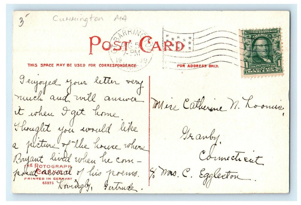 1909 Wm. Cullen Bryant House Great Barrington Massachusetts MA Antique Postcard
