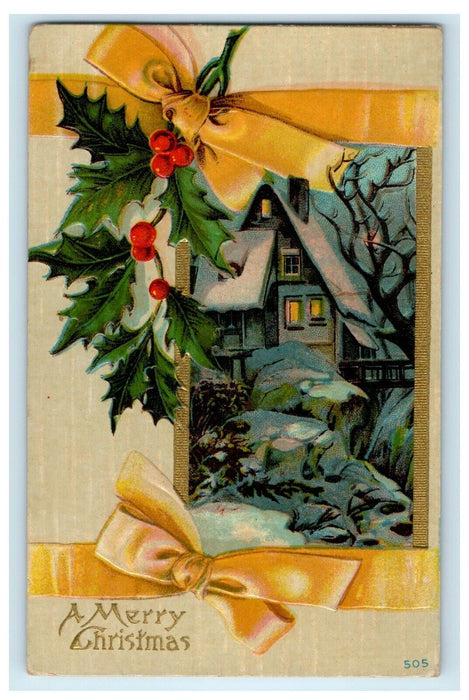 1911 Christmas Holly Berry Yellow Ribbon Wrap House Winter Snow Scene Postcard