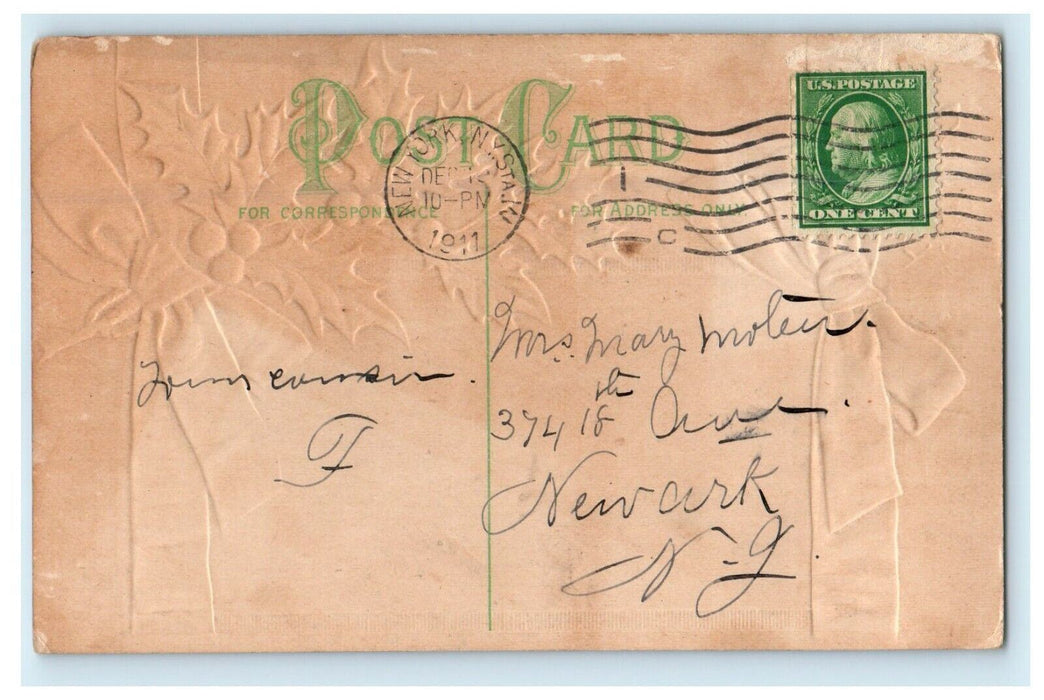 1911 Christmas Holly Berry Yellow Ribbon Wrap House Winter Snow Scene Postcard