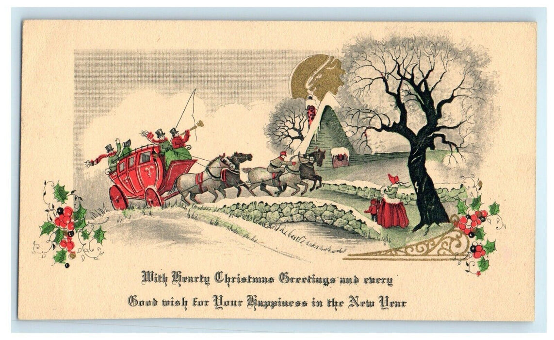 Christmas Greetings Boys Riding Horse Carriage Blown Horn Unposted Postcard