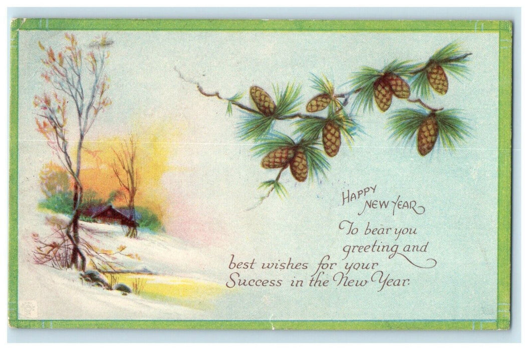 1918 New Year Snow Winter Scene Pine Bough With Pinecones Antique Postcard