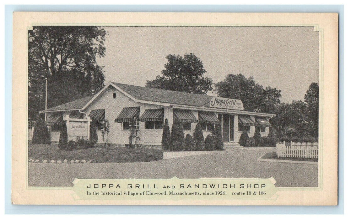 1926 Joppa Grill and Sandwich Shop Elmwood Massachusetts MA Ad Postcard