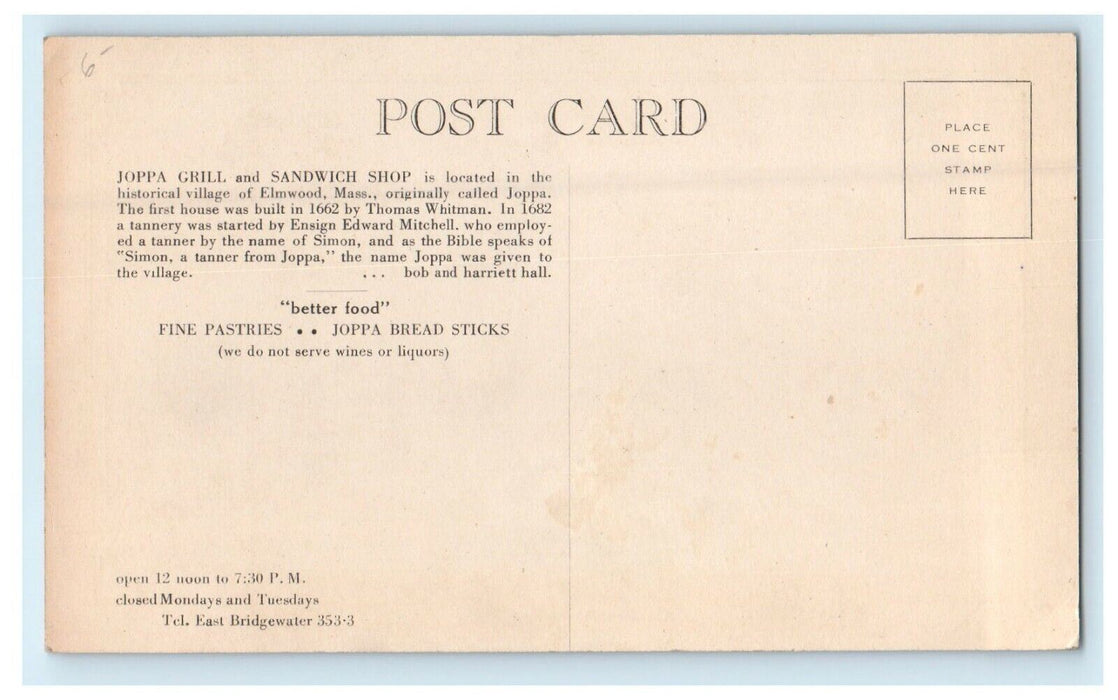 1926 Joppa Grill and Sandwich Shop Elmwood Massachusetts MA Ad Postcard