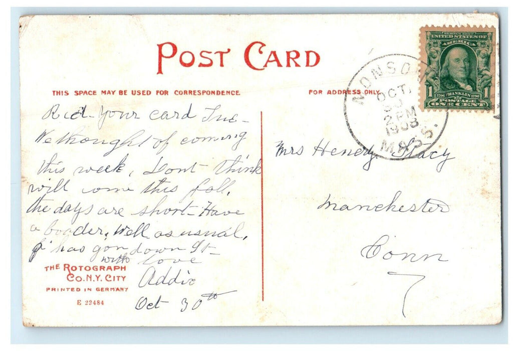 1908 Scene at Main Street, Monson Massachusetts MA Antique Postcard